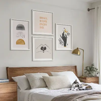 Minimalistiska boho-illustrationer för tavelvägg ovanför soffan
