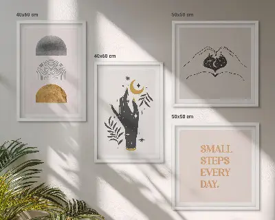 Minimalistiska boho-illustrationer för tavelvägg ovanför soffan