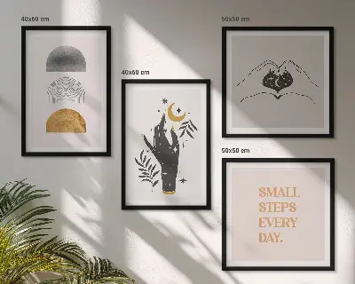 Minimalistiska boho-illustrationer för tavelvägg ovanför soffan