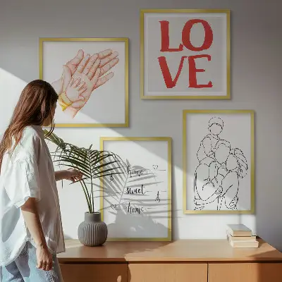 Familjeillustrationer och husskyltar tavelvägg för placering ovanför soffa