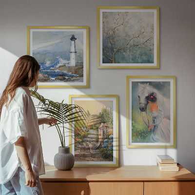 Set om 4 tavlor Fyrlandskap Flicka Häst