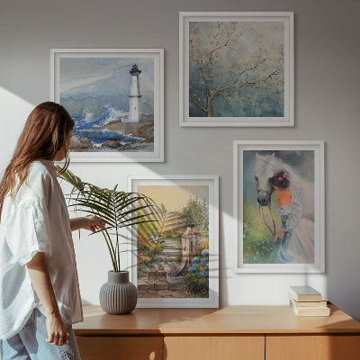 Set om 4 tavlor Fyrlandskap Flicka Häst