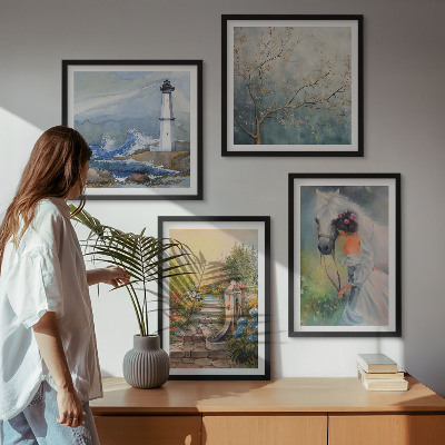 Set om 4 tavlor Fyrlandskap Flicka Häst