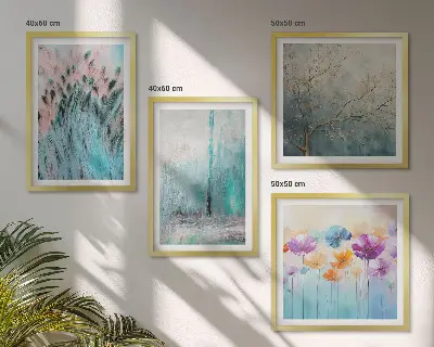 Tavelvägg med 4 tavlor pastellfärgade blommor med bakgrundsmönster