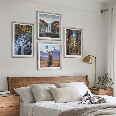Set om 4 tavlor vattenfall skog berg rådjur natur