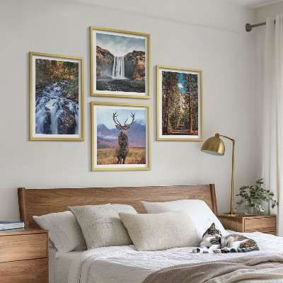 Set om 4 tavlor vattenfall skog berg rådjur natur