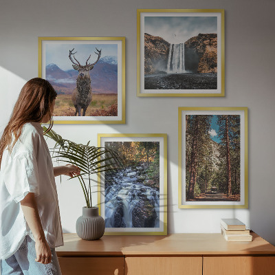 Set om 4 tavlor vattenfall skog berg rådjur natur