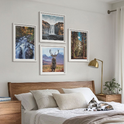 Set om 4 tavlor vattenfall skog berg rådjur natur