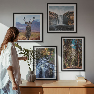 Set om 4 tavlor vattenfall skog berg rådjur natur
