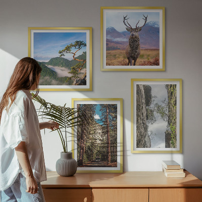 Tavelvägg med 4 tavlor väg skog berg rådjur natur