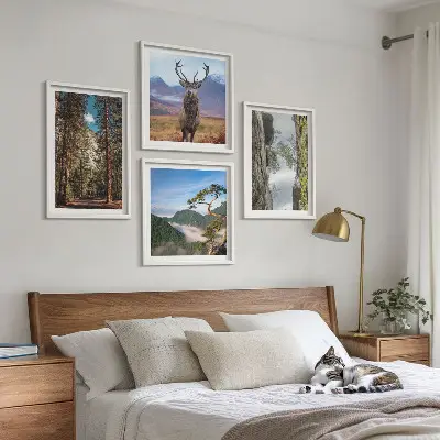 Tavelvägg med 4 tavlor skog, berg och rådjur i naturmotiv