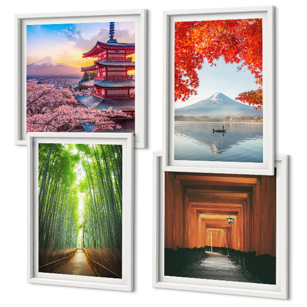 Tavelvägg ovanför soffa Fuji torii bambuskog Japan