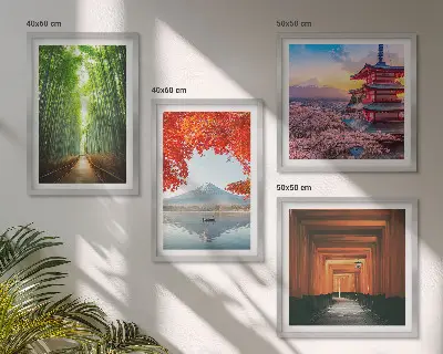 Tavelvägg med motiv av Fuji och Torii i bambuskog motiv i Japan-stil för tavelvägg ovanför soffa