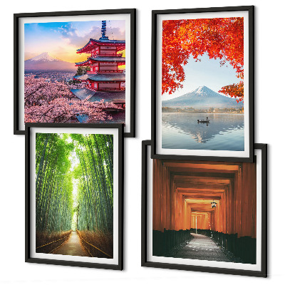 Tavelvägg ovanför soffa Fuji torii bambuskog Japan