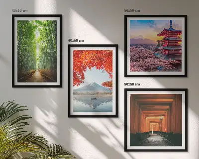 Tavelvägg med motiv av Fuji och Torii i bambuskog motiv i Japan-stil för tavelvägg ovanför soffa