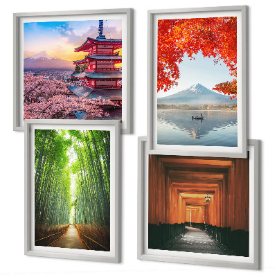 Tavelvägg ovanför soffa Fuji torii bambuskog Japan