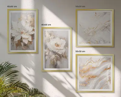 Set med 4 tavlor blommor med ljus bakgrund och marmormönster
