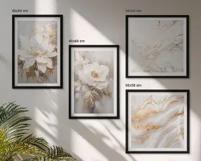 Set med 4 tavlor blommor med ljus bakgrund och marmormönster