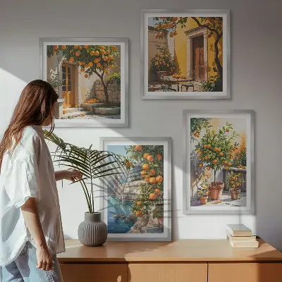 Målade citruslandskap set om 4 tavlor