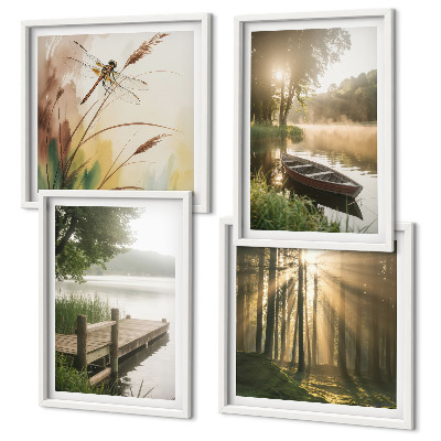 Tavelvägg med 4 tavlor Sjö, skog, båt, morgondimma