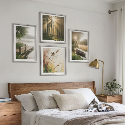 Tavelvägg med 4 tavlor Sjö, skog, båt, morgondimma