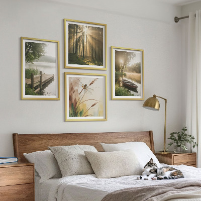Tavelvägg med 4 tavlor Sjö, skog, båt, morgondimma