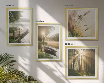 Tavelvägg med 4 tavlor motiv av sjö, skog, båt och morgondimma