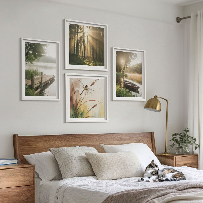 Tavelvägg med 4 tavlor Sjö, skog, båt, morgondimma