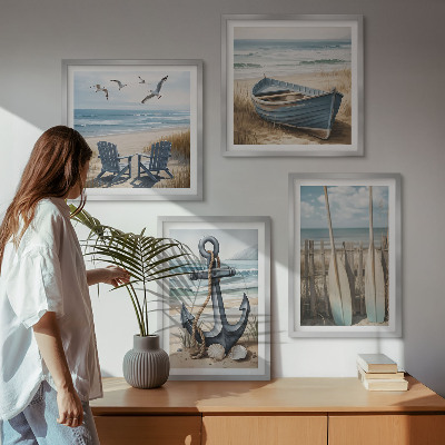 Set om 4 tavlor Ankare båt åror strand