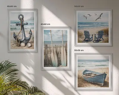 Tavelset med motiv av ankare, båt och åror vid stranden set om 4 tavlor