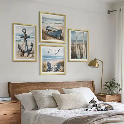Tavelset med motiv av ankare, båt och åror vid stranden set om 4 tavlor