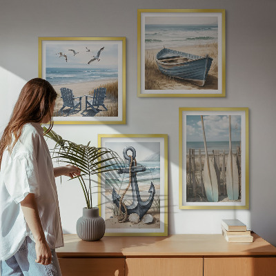 Set om 4 tavlor Ankare båt åror strand