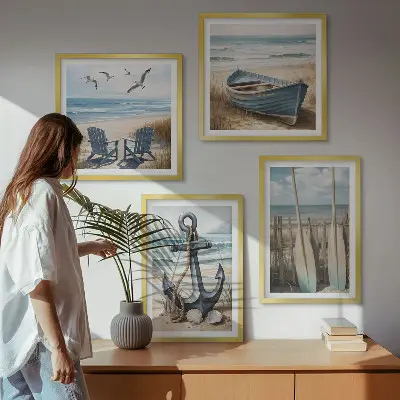Tavelset med motiv av ankare, båt och åror vid stranden set om 4 tavlor