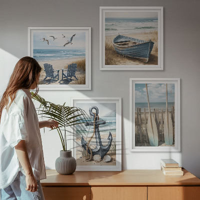 Set om 4 tavlor Ankare båt åror strand