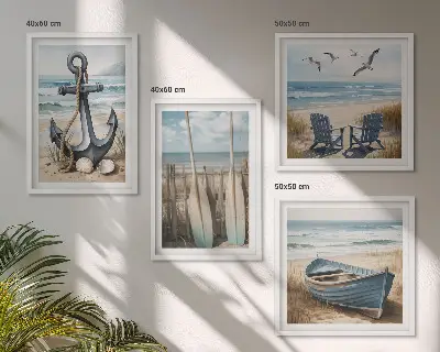 Tavelset med motiv av ankare, båt och åror vid stranden set om 4 tavlor