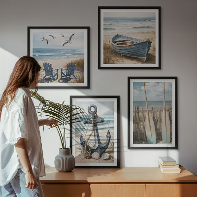 Set om 4 tavlor Ankare båt åror strand