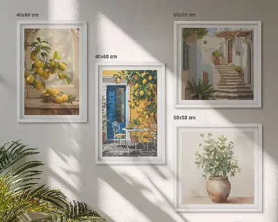 Tavelvägg med 4 tavlor med motivet Citronstadens arkitektur