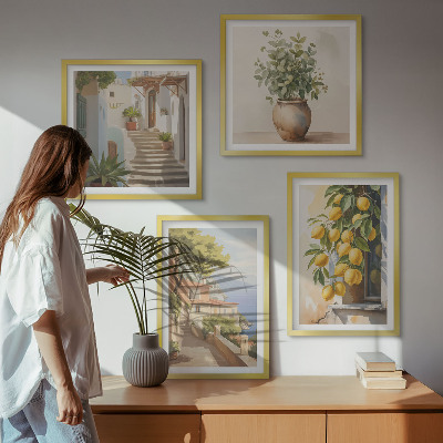Tavelvägg ovanför soffa Blommor i en vas, ett hav av citroner