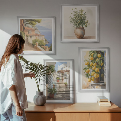 Tavelvägg med 4 tavlor Citronblomkrukor gata