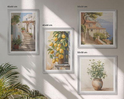 Tavelvägg med 4 tavlor Citronblomkrukor gata