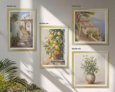 Tavelvägg Citronblomkrukor gata med 4 tavlor