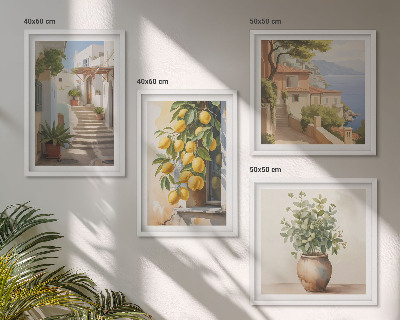 Tavelvägg med 4 tavlor Citronblomkrukor gata