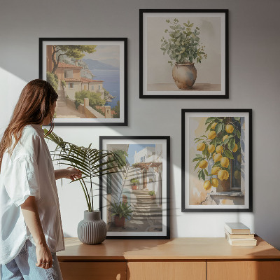 Tavelvägg med 4 tavlor Citronblomkrukor gata