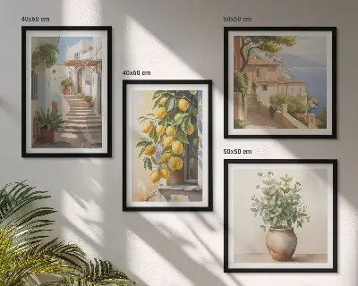 Tavelvägg Citronblomkrukor gata med 4 tavlor