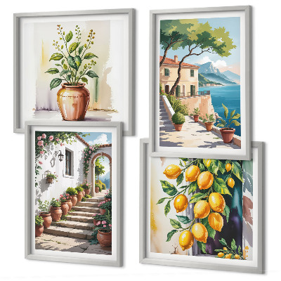 Set om 4 tavlor Citronblommor vid havet