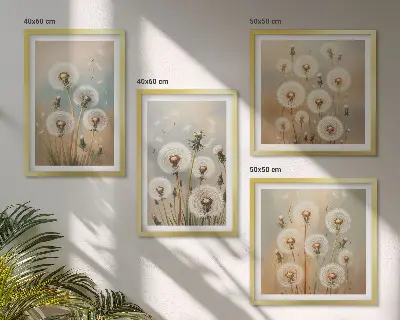 Tavelvägg med maskrosblommor pastellfärgade motiv ovanför soffa