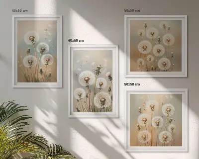 Tavelvägg med maskrosblommor pastellfärgade motiv ovanför soffa