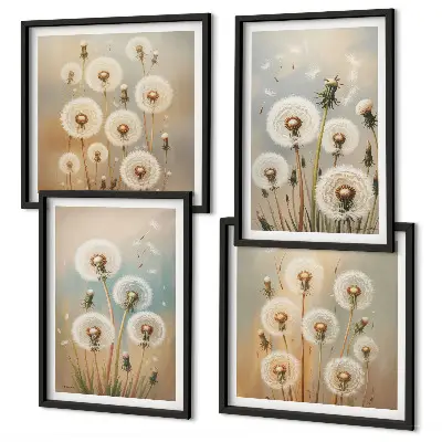 Tavelvägg med maskrosblommor pastellfärgade motiv ovanför soffa
