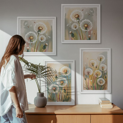 Set om 4 tavlor Maskrosblommor pastellgräs
