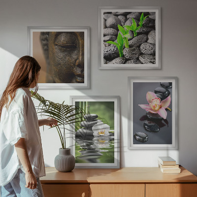 Tavelvägg ovanför soffa Fredlig Zen Blomma Buddha Komposition